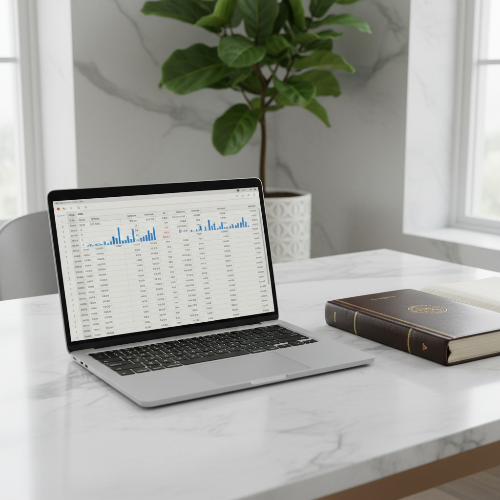 Minimalist corporate desk setup featuring tax ledger files, an open laptop displaying financial data sheets, and a scale model of the US Capitol and UK Parliament clocks in soft focus.