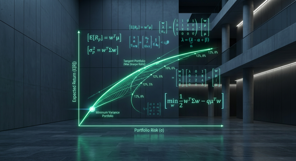 Markowitz efficient frontier mathematical diagram for quantitative portfolio optimization