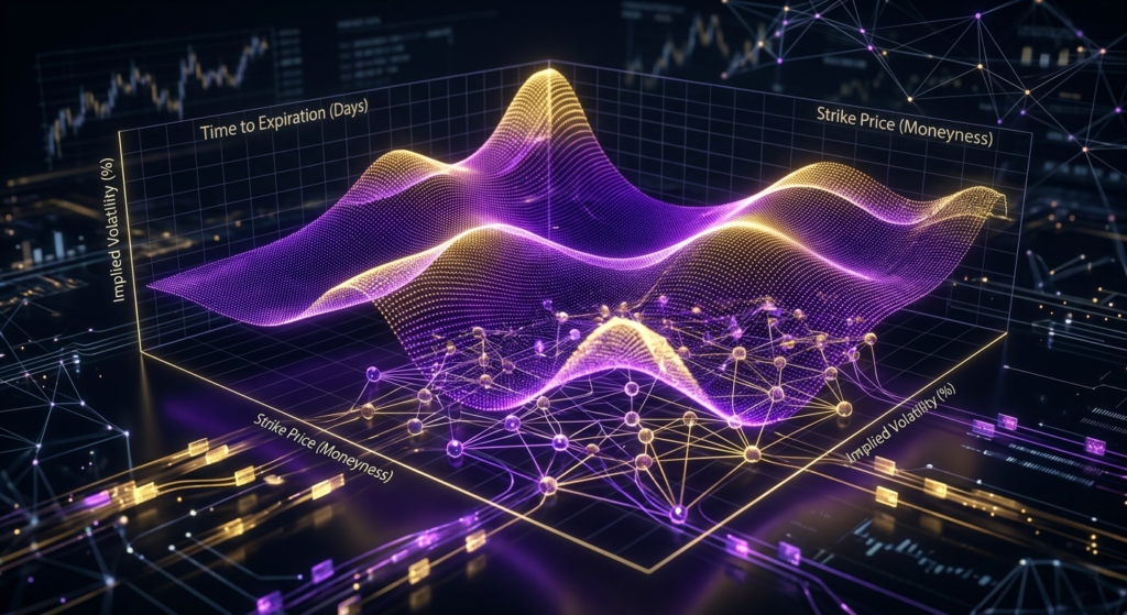 3D implied volatility surface mathematical visualization for quantitative risk forecasting.