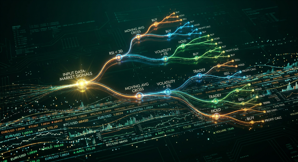 Machine learning signal mining architecture showing feature selection decision trees.